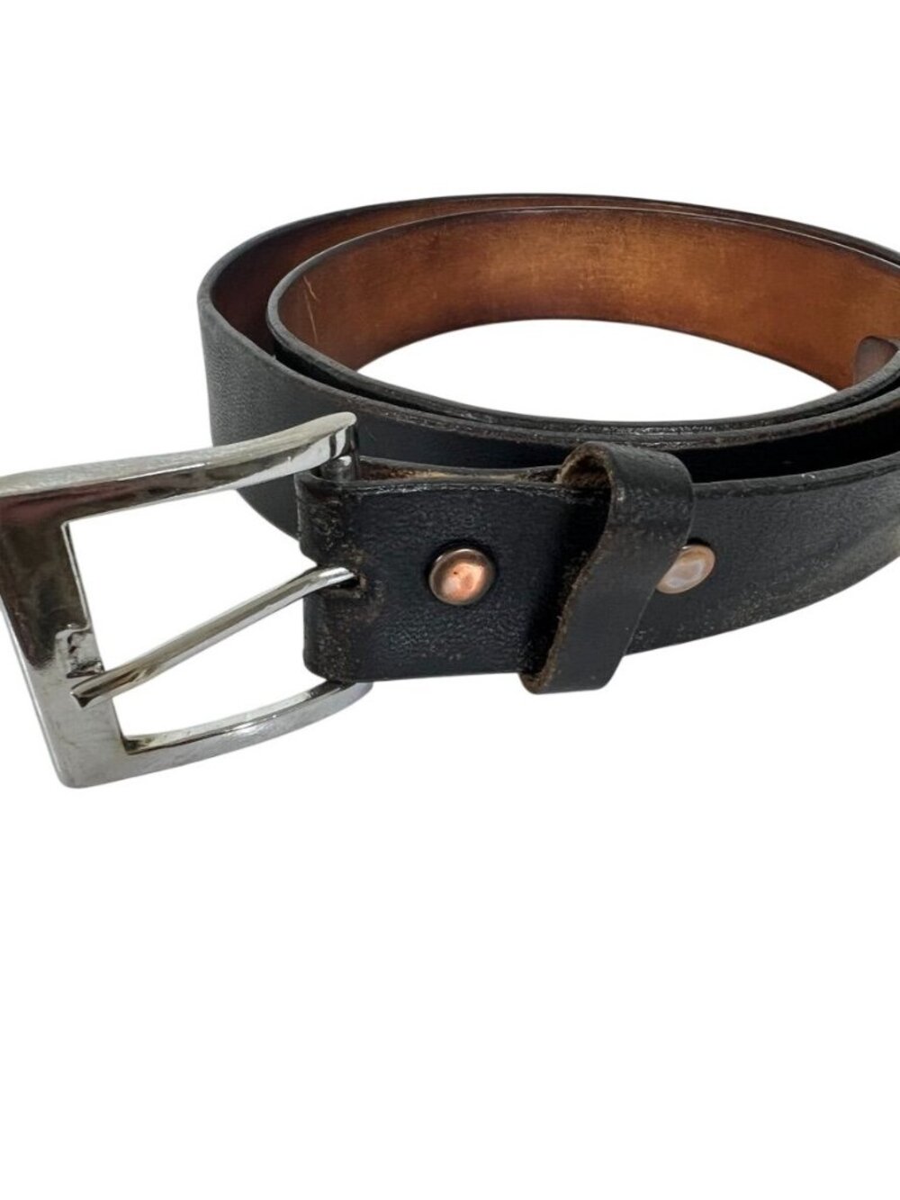 Vintage 70s Black Sheep Black Leather Belt Silver Buckle Distressed Rugged 40
